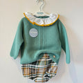 Completino bimba con maglia verde salvia e culotte scozzese Juliana Baby Clothes.