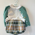 Completo bimbo con cardigan verde salvia, body bianco e pantaloncino scozzese Juliana.