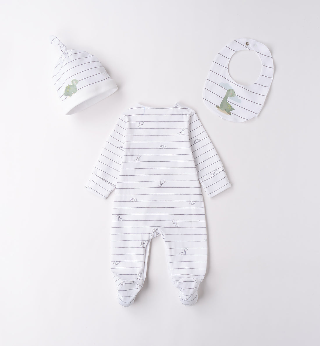  Coordinato neonato dinosauro: tutina, cappellino e bavaglino fronte