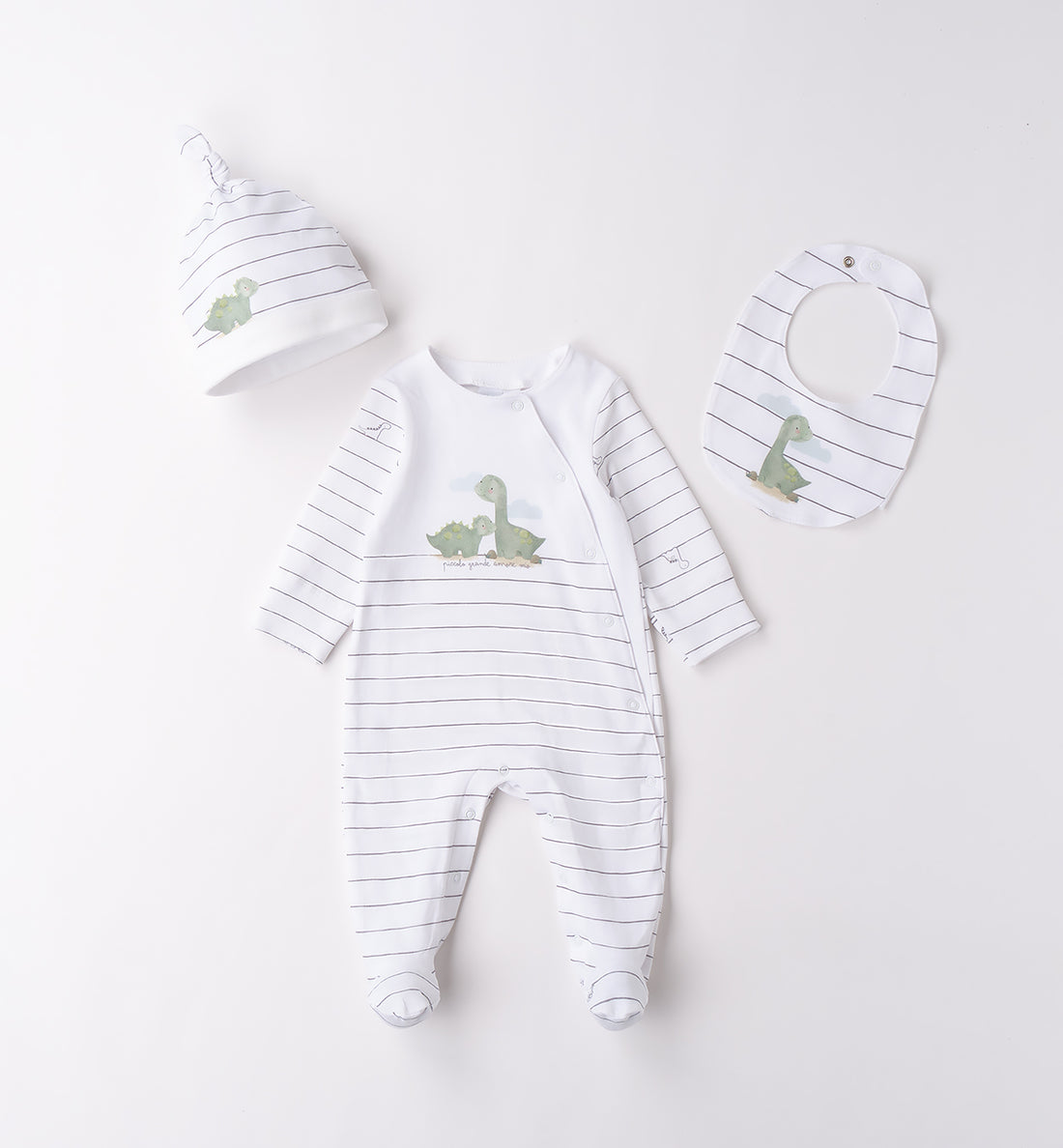  Coordinato neonato dinosauro: tutina, cappellino e bavaglino fronte