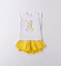 Coordinato neonata con maglia giraffe e gonnellina gialla con pantaloncino
