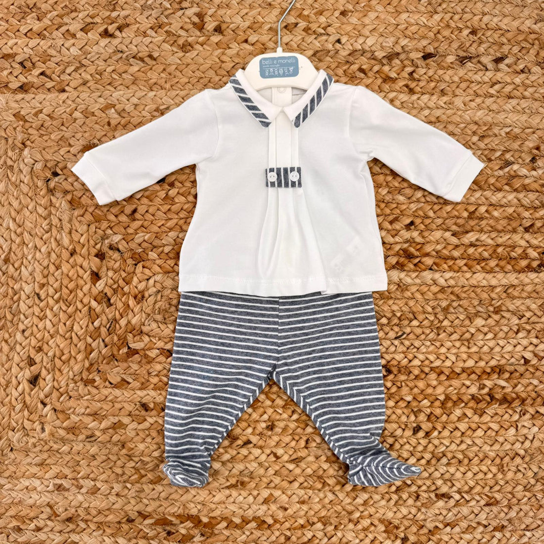 Coordinato neonato in cotone con camicetta colletto a righe e pantaloni piedini – perfetto per primo cambio ospedale