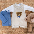 Coordinato neonato completo con salopette orsetto e cardigan azzurro