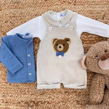 Coordinato neonato completo con salopette orsetto e cardigan azzurro