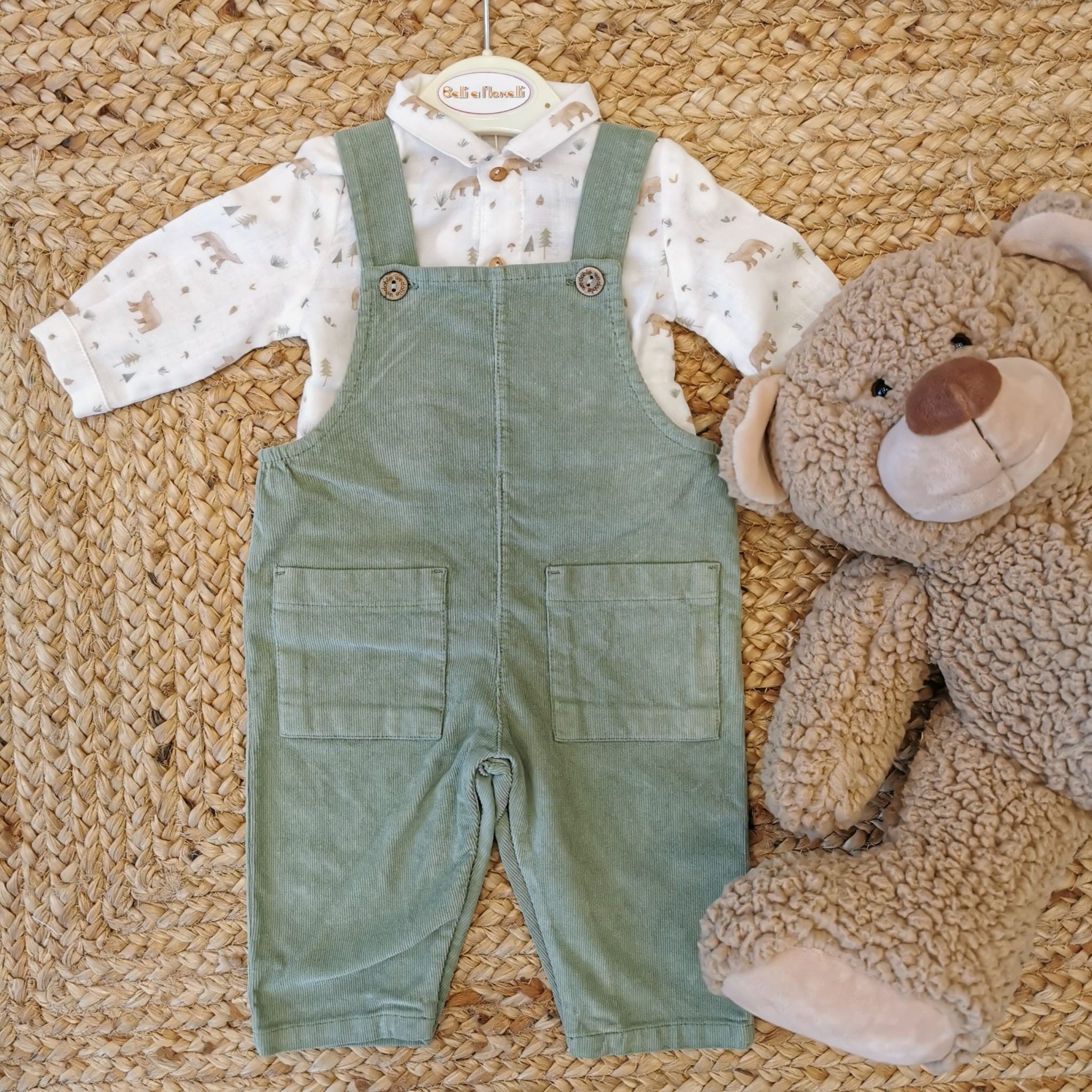 coordinato neonato salopette verde velluto