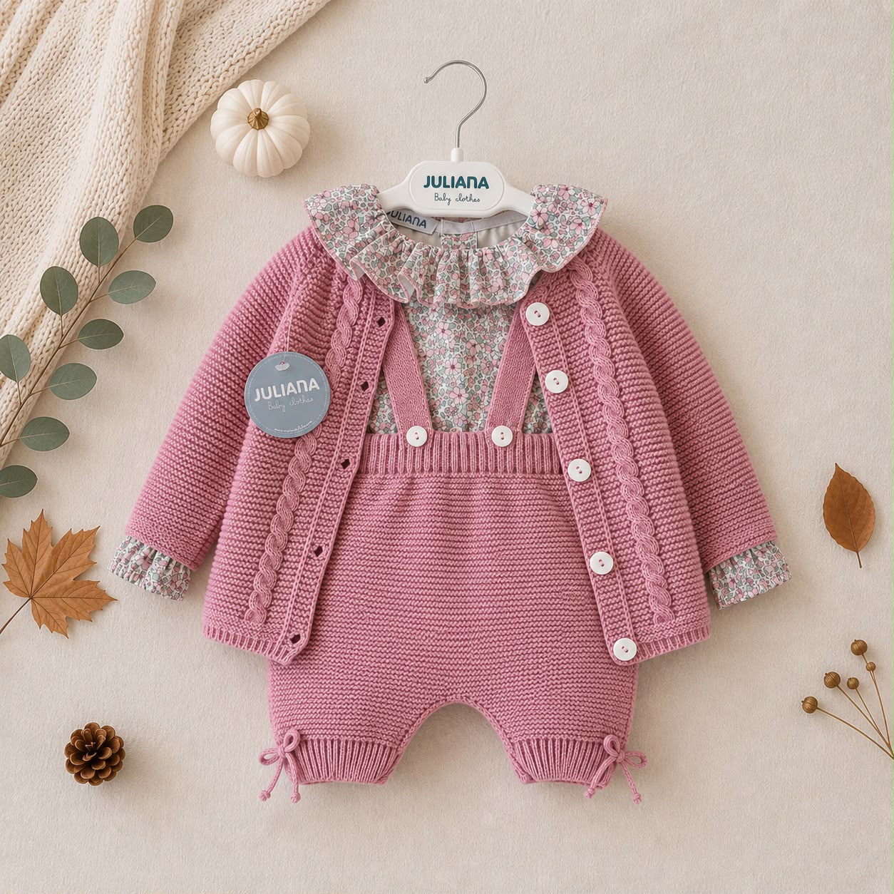 Completo bimba rosa antico con cardigan a trecce, salopette in maglia e maglia floreale con colletto volant