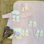 coordinato completo neonata lana rosa con fiocchi panna