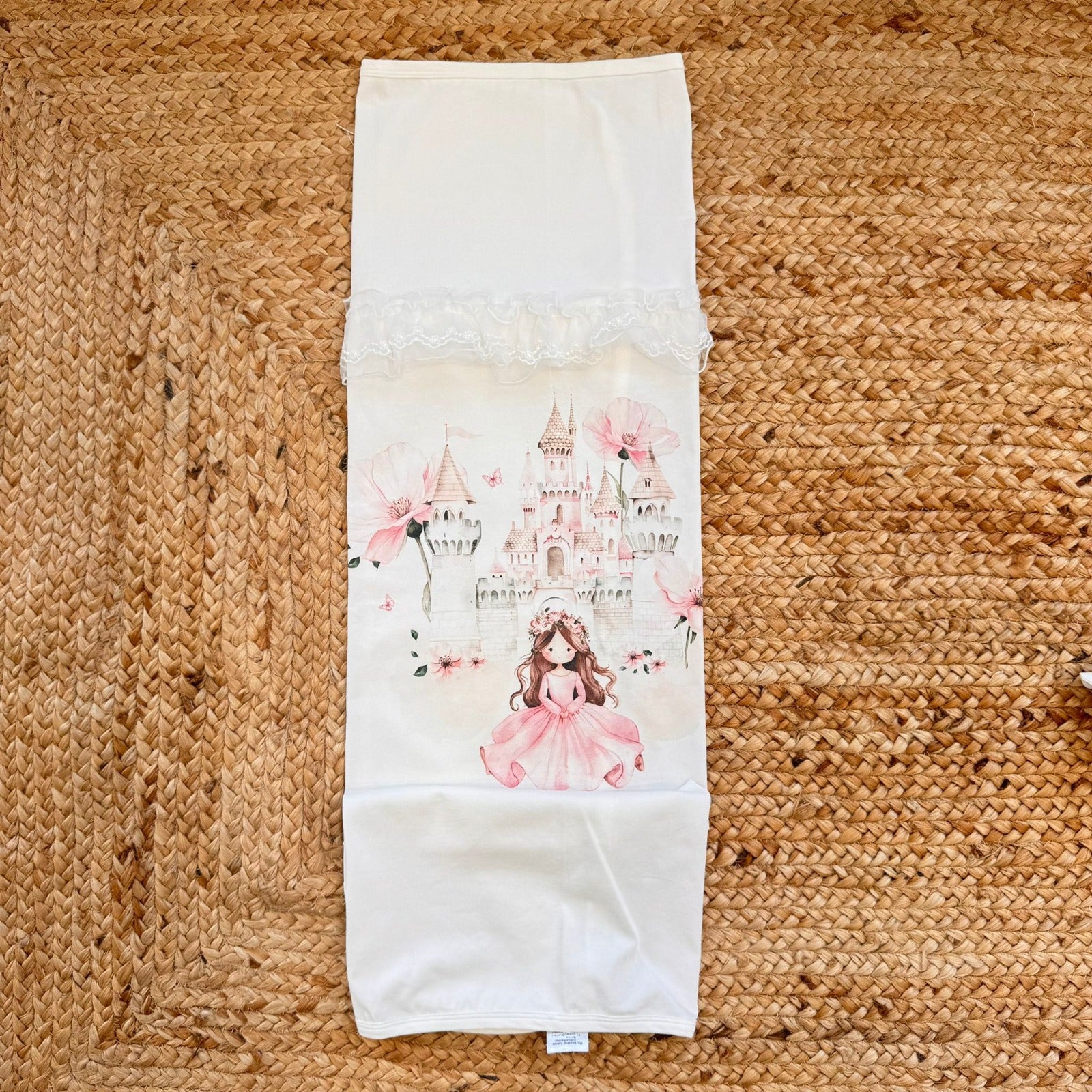 Copertina bimba in 100% cotone panna con stampa principessa e castello rosa
