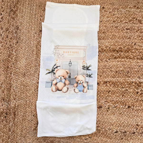 Copertina bimbo in 100% cotone panna con stampa orsetti e boutique