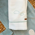 Uscita clinica neonato in ciniglia verde menta con copertina imbottita e lenzuolino ricamato.