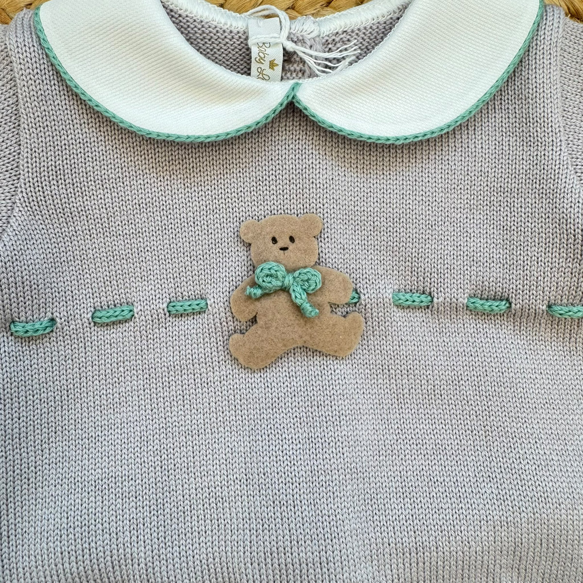 Uscita clinica neonato in pura lana grigio e verde con orsetto completa di copertina cappellino e scarpine