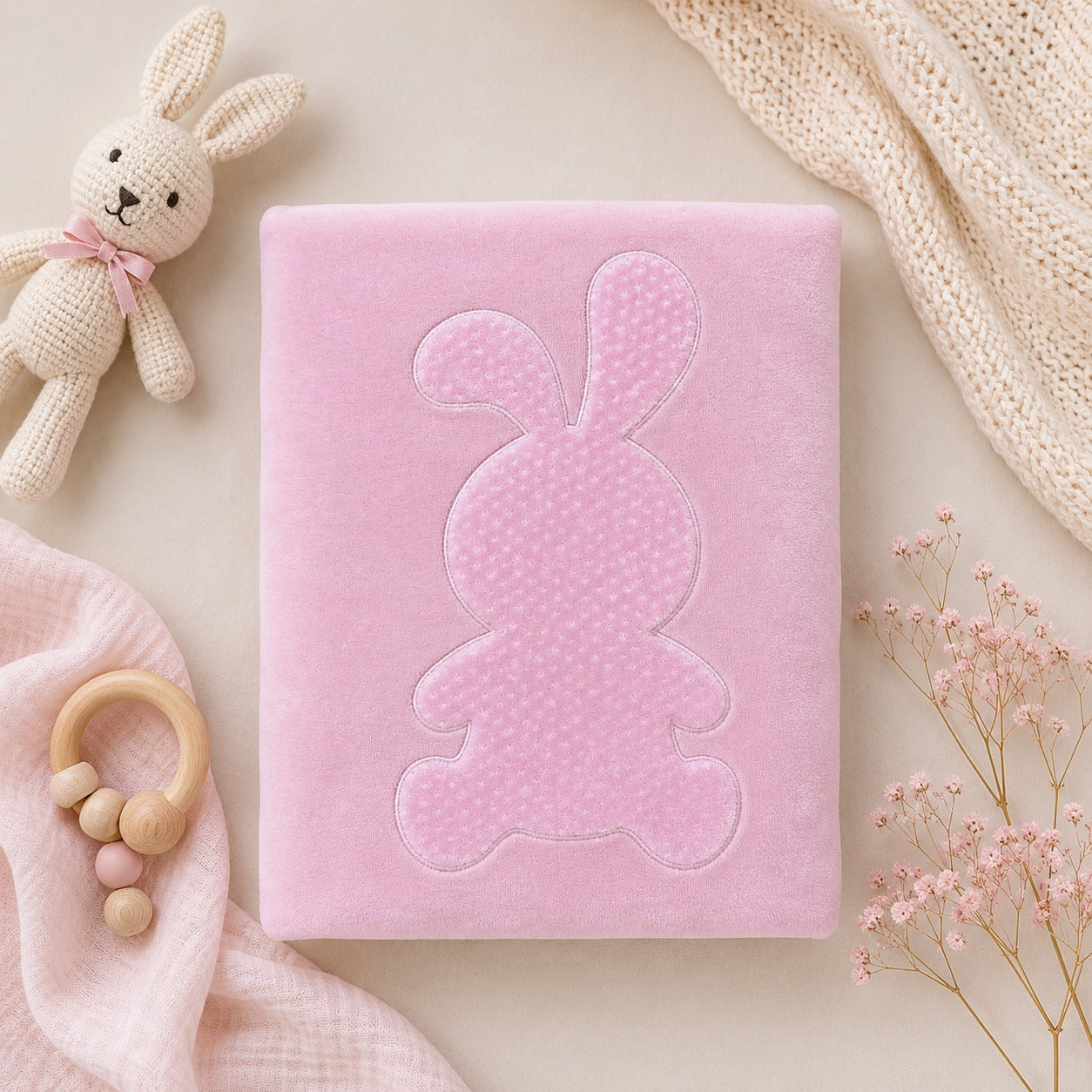 Copertina neonata in ciniglia rosa con grande coniglietto applicato tono su tono, ideale per culla, corredino e set nascita.