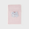 Copertina neonata rosa e grigio in 80% cotone e 20% lana con grande fiocco. Elegante per corredino nascita, set nascita e regalo per bambina.