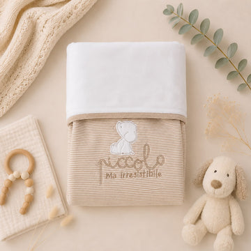Copertina neonato in ciniglia beige con elefantino