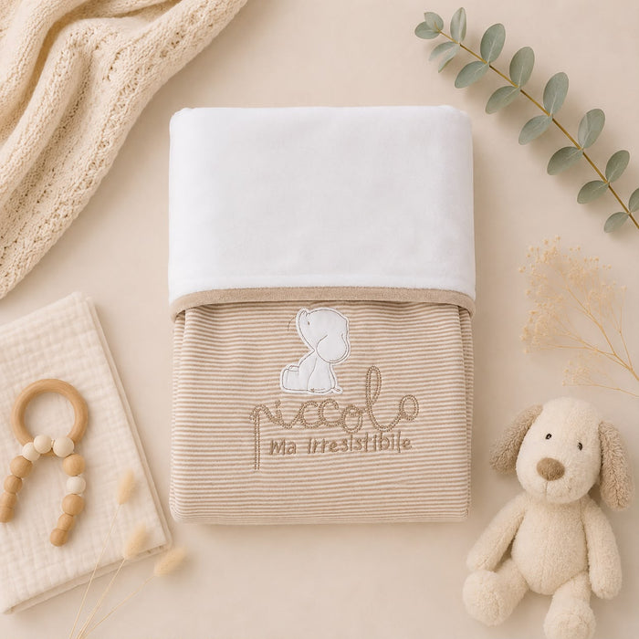 Copertina neonato in ciniglia beige con elefantino