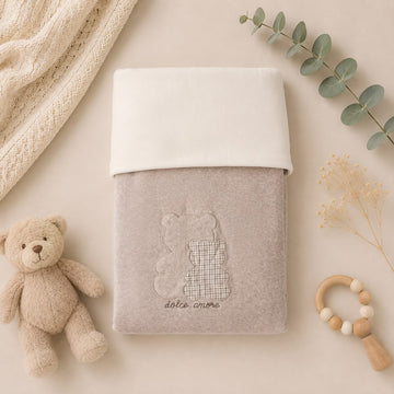 Copertina neonato unisex in ciniglia beige con orsetti
