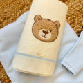 Uscita clinica neonato azzurra in caldo cotone con orsetto Teddy e copertina sfoderabile 85x68 cm