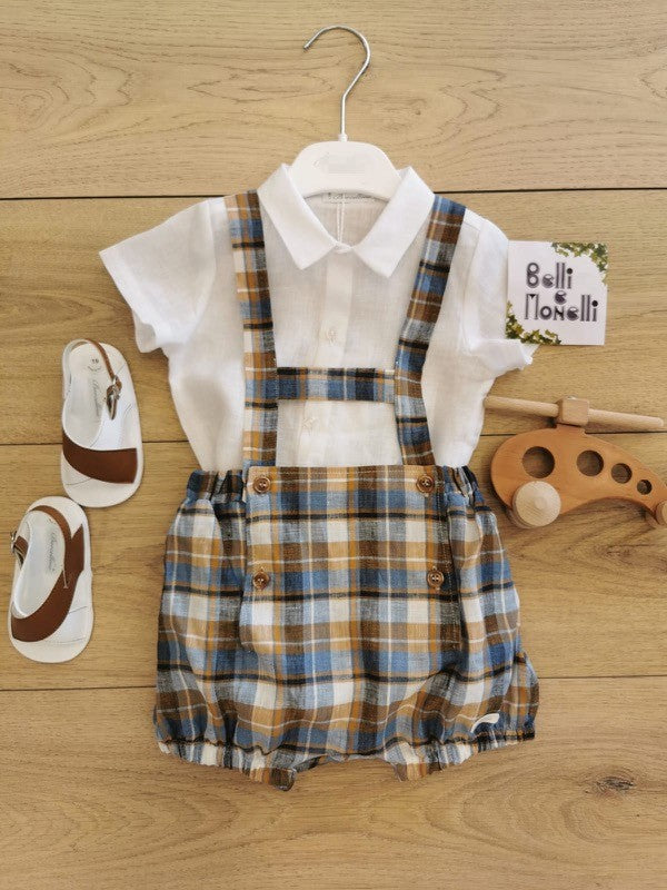 Completo Due Pezzi Bimbo Con Salopette E Camicia In Lino 
