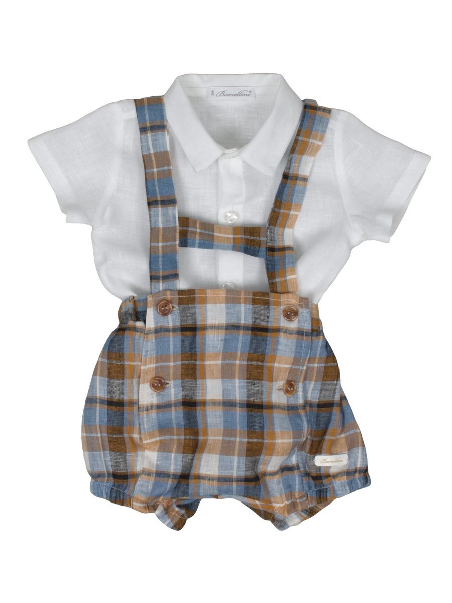 Completo Due Pezzi Bimbo Con Salopette E Camicia In Lino 