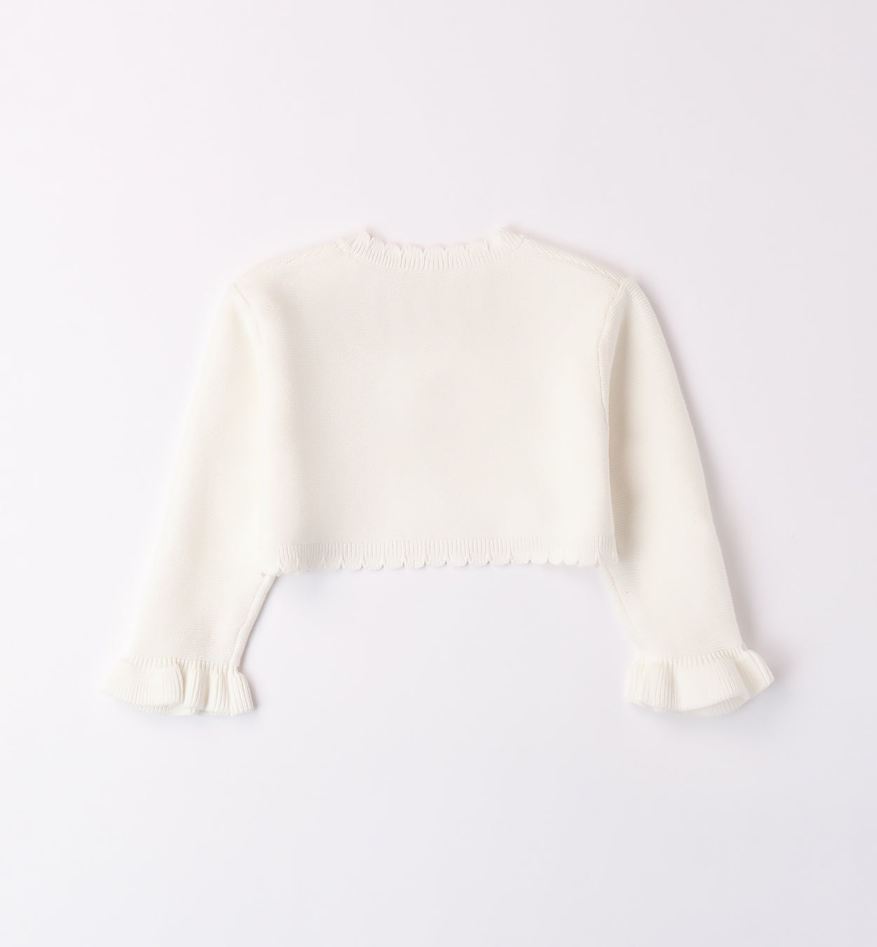 
Coprispalle in maglia bianca per bambina con fiori decorativi sulle maniche.

