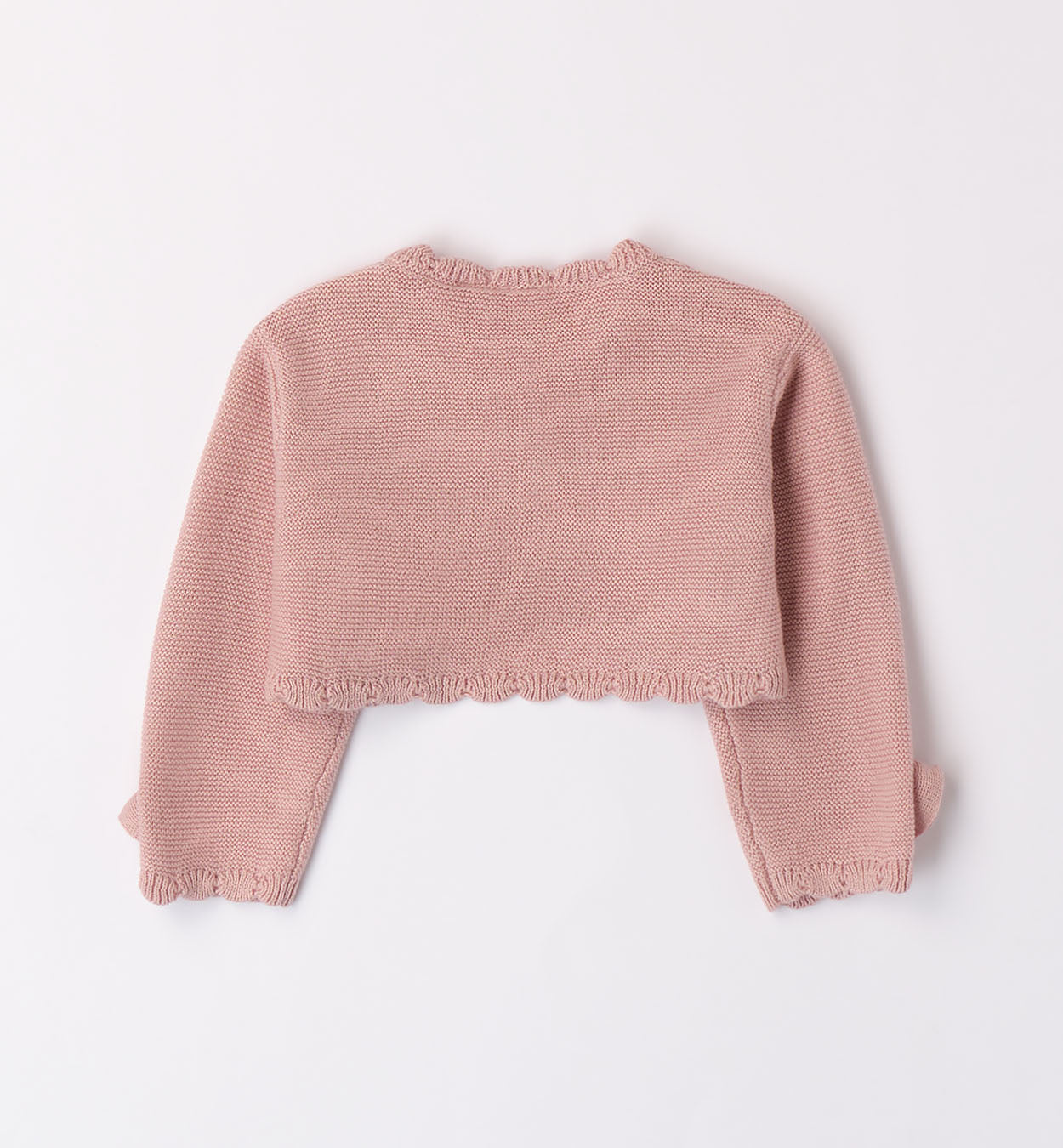 Retro coprispalle bambina in maglia rosa, con bordi ondulati raffinati.