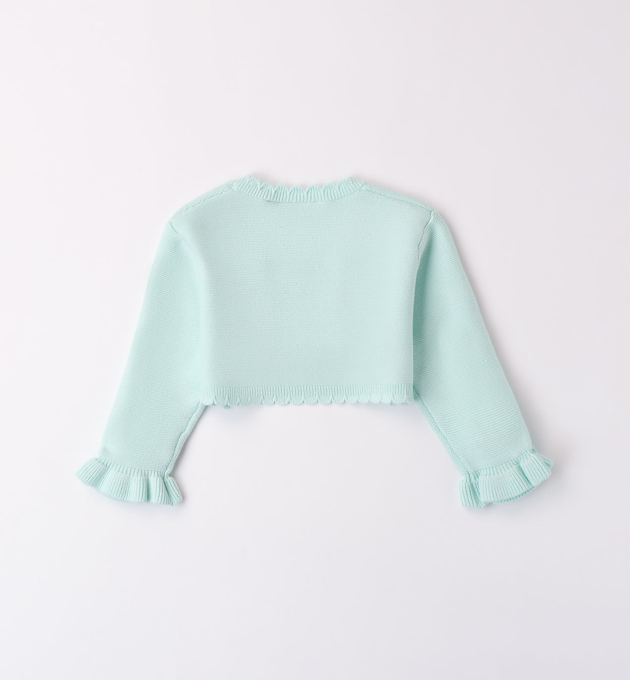 Coprispalle bambina in maglia verde acqua con fiori applicati e bordo smerlato.
