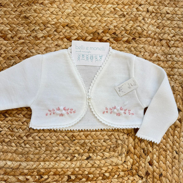 coprispalle neonata panna con ricami floreali rosa e perline