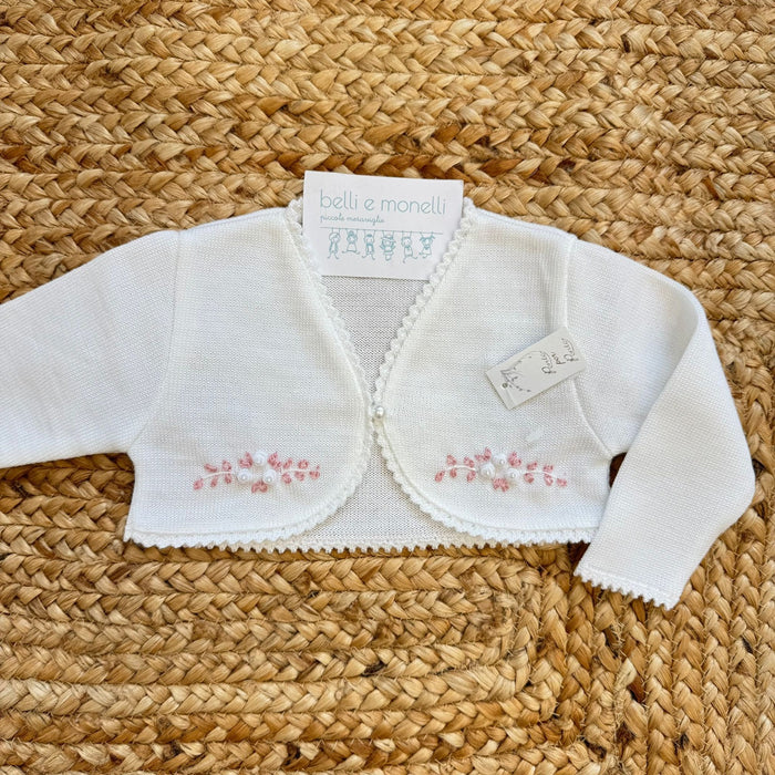 coprispalle neonata panna con ricami floreali rosa e perline