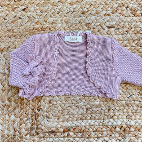 coprispalle neonata rosa antico con fiocchi sulle maniche