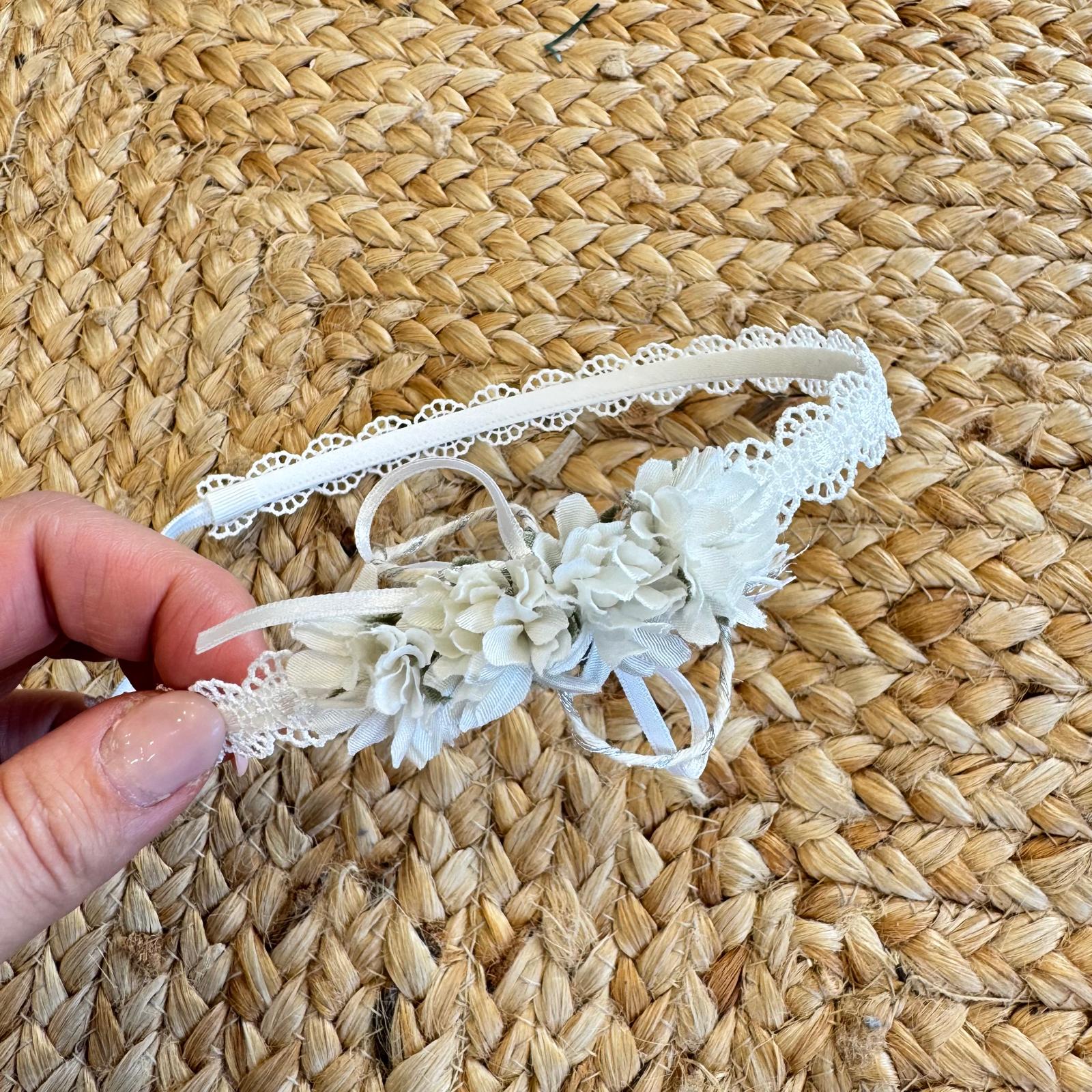 Coroncina battesimale bianca in pizzo con applicazioni floreali e dettagli raffinati, perfetta per cerimonie e battesimi.