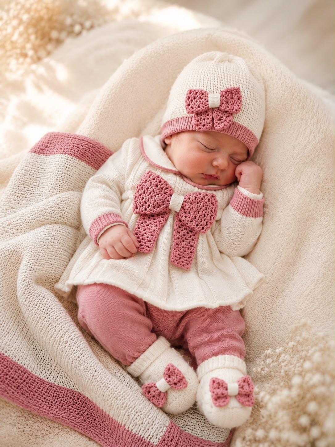 Corredino nascita neonata in pura lana con fiocco rosa, composto da copertina, completo due pezzi, cappellino e scarpine coordinate.