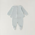 Completo nascita neonata verde menta in ciniglia con colletto bianco, lavorazione intrecciata e pantalone con piedini