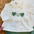 Uscita clinica neonata verde in caldo cotone con copertina, maglietta, pantaloncino, cappellino, bavaglino e lenzuolino coordinati.