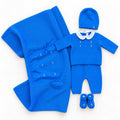 Corredino nascita neonato in lana blu con copertina, tutina, cappellino e scarpine per uscita clinica
