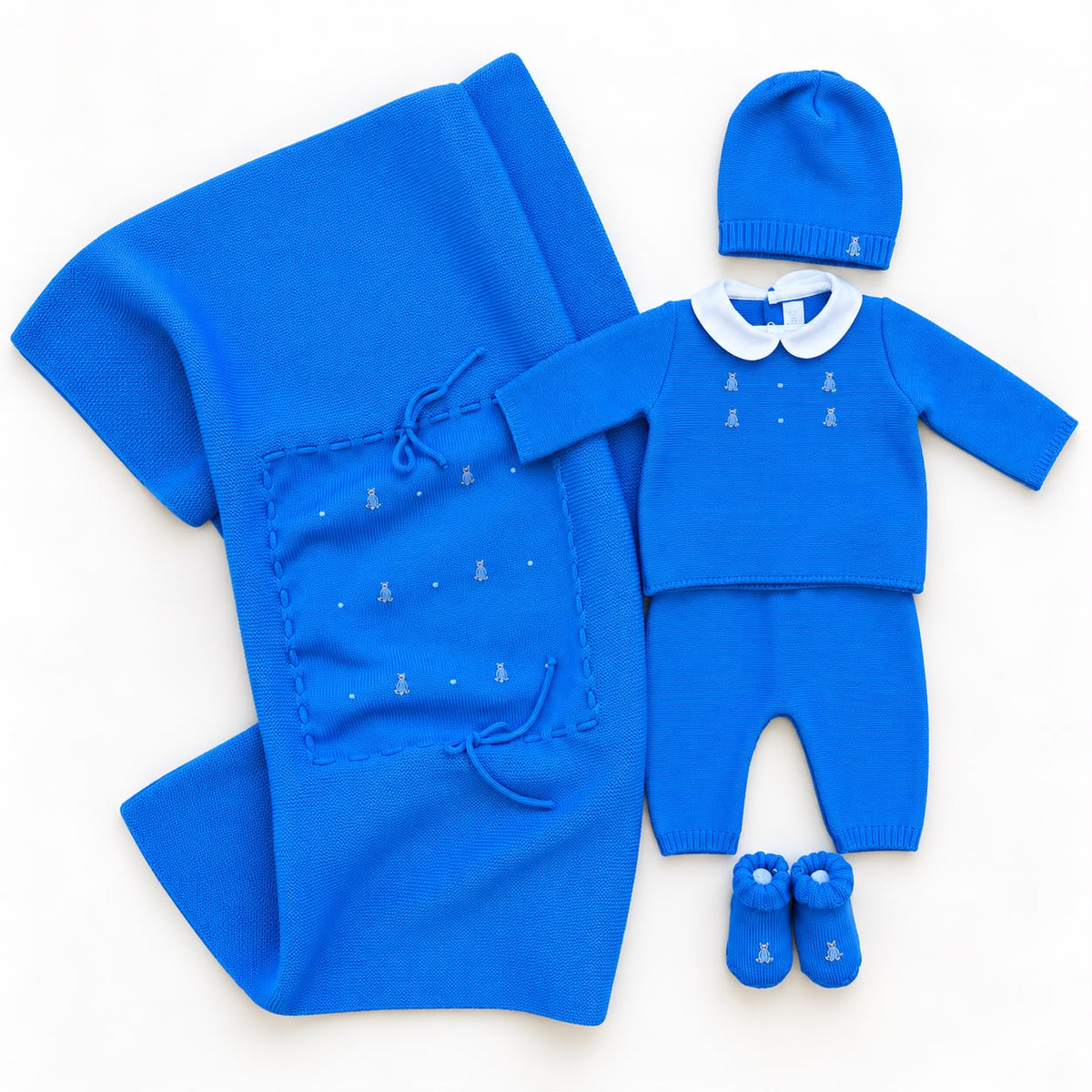 Corredino nascita neonato in lana blu con copertina, tutina, cappellino e scarpine per uscita clinica