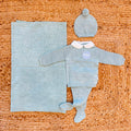 Set nascita neonato verde menta con copertina, maglioncino, pantalone con piedini e cappellino