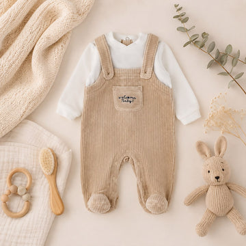 Tutina neonato in ciniglia beige effetto salopette