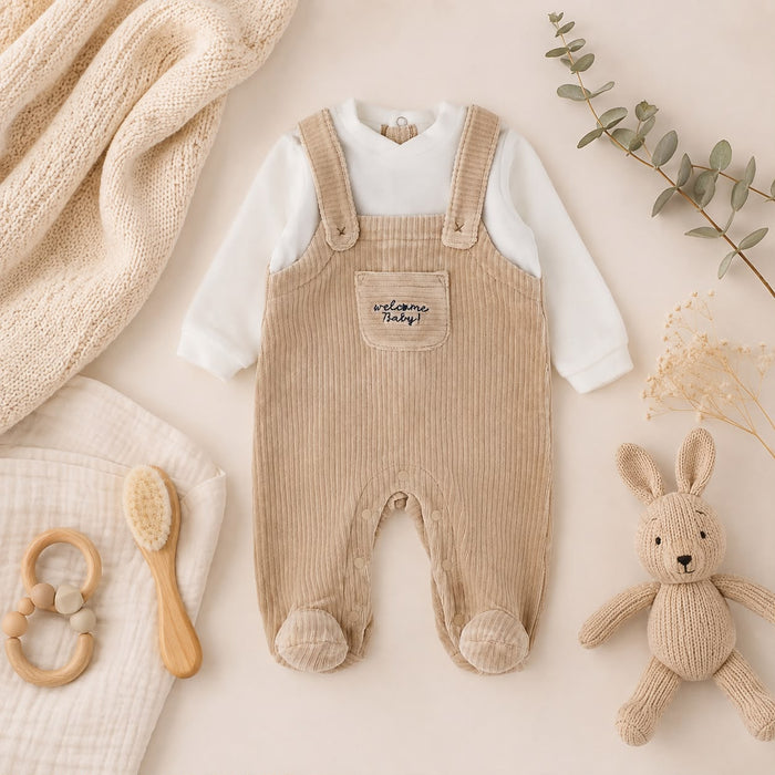 Tutina neonato in ciniglia beige effetto salopette