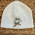 Cappellino neonata in maglia panna con fiocchetto verde salvia e tortora