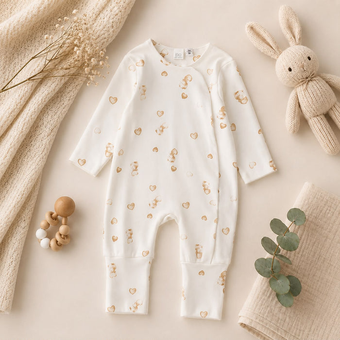 Tutina neonata in caldo cotone panna con orsetti e cuori