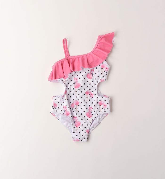 costume intero bimba monospalla fantasia fenicotteri e pois