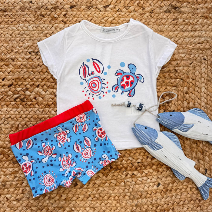 Costume mare bambino tartarughe e granchio con t-shirt estiva
