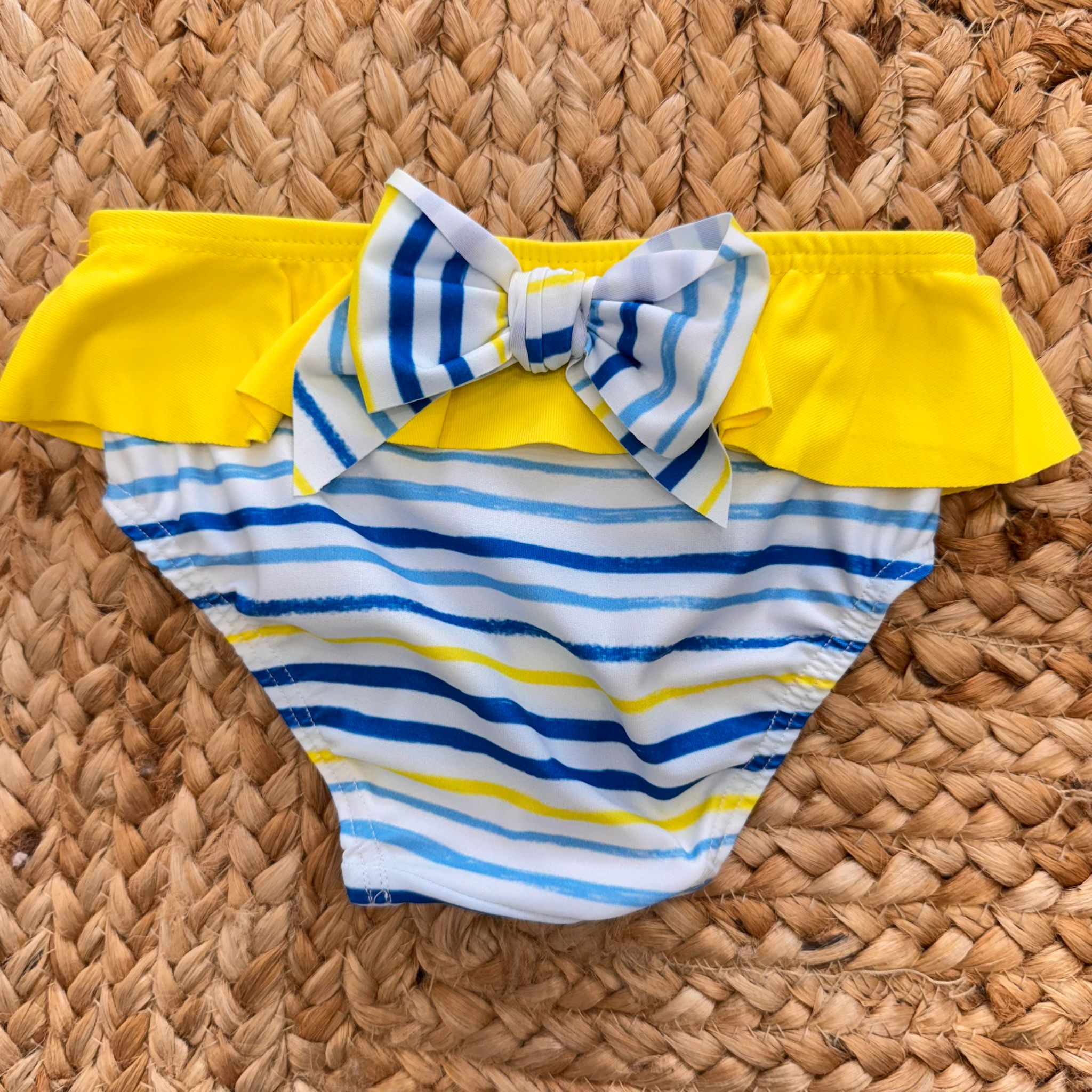Costume mare bambina con slip giallo a righe e top pappagallo

