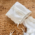 Abito battesimo neonata panna con cuffietta coordinata e fiocco in raso