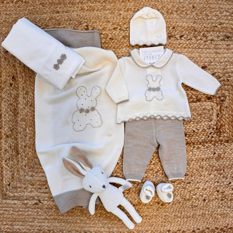 Uscita clinica pura lana con coniglietto panna e tortora