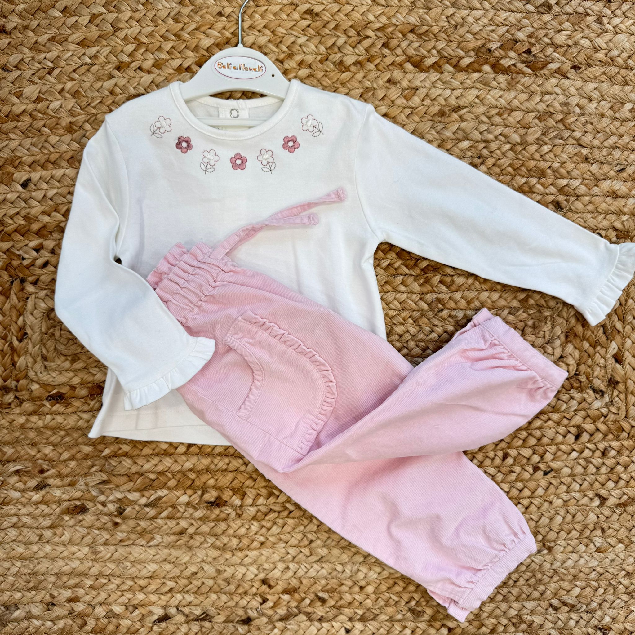 Completo bambina con maglia ricamata e pantaloni rosa
