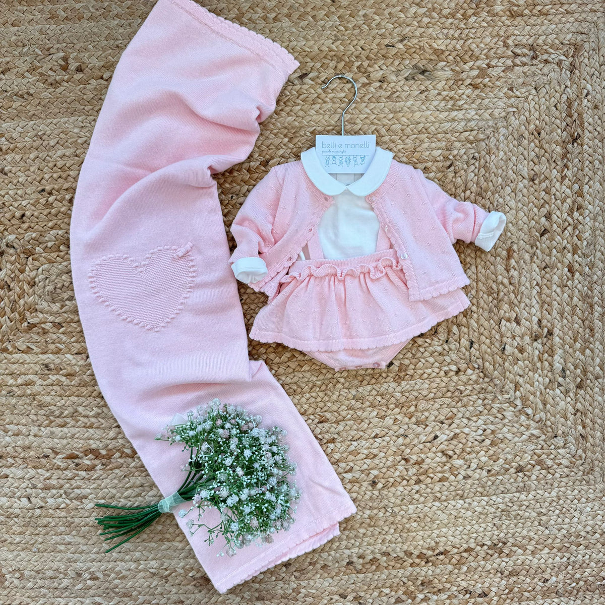 Set nascita neonata rosa in caldo cotone con gonnellina e cuore