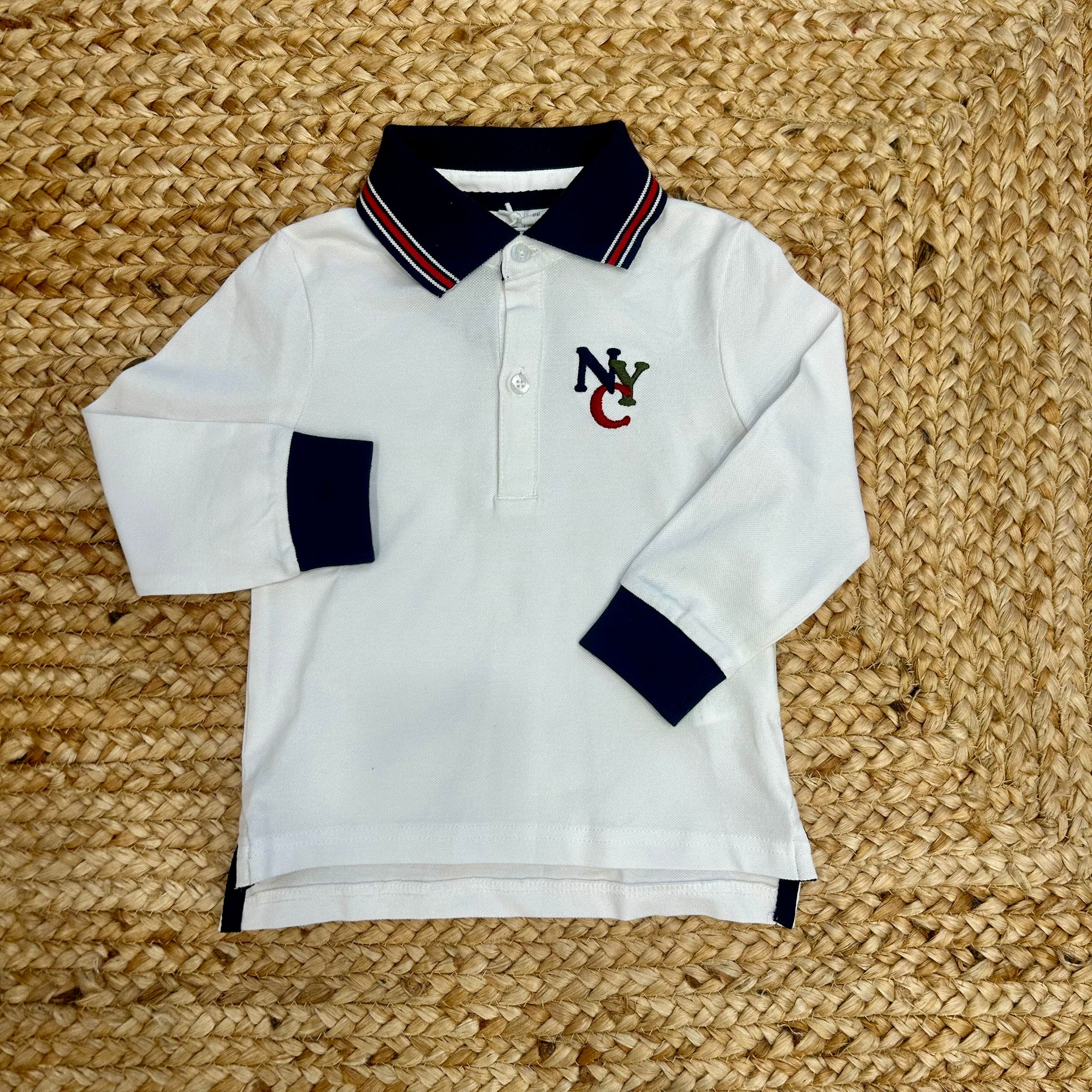 Polo bambino bianca manica lunga con dettagli blu navy