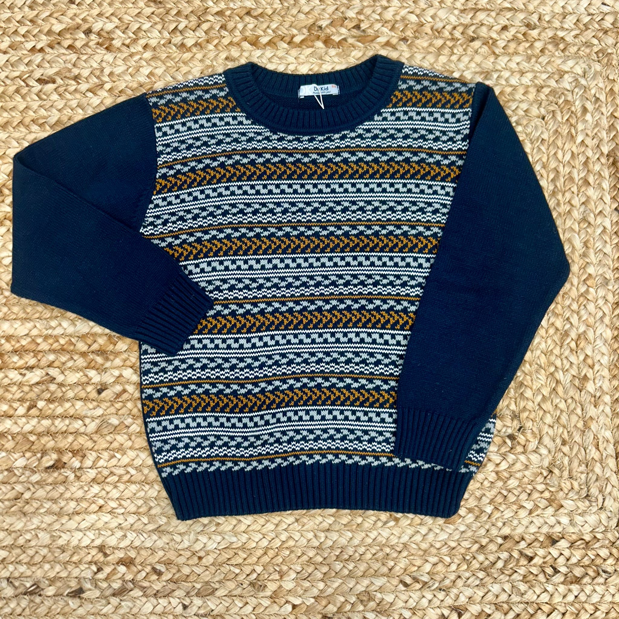 Maglione bimbo blu con motivo jacquard senape e panna