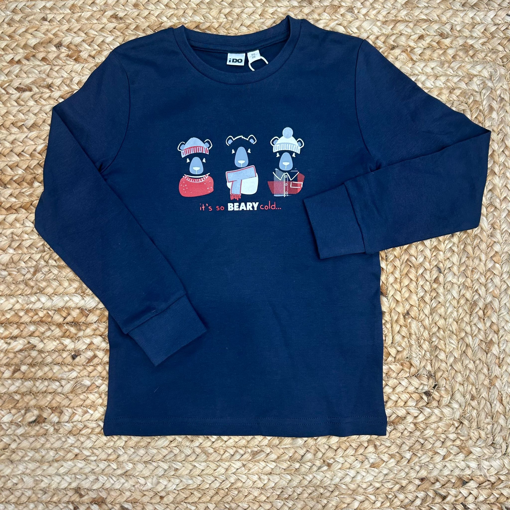 Maglia bimbo blu con orsetti e scritta “It’s so beary cold”